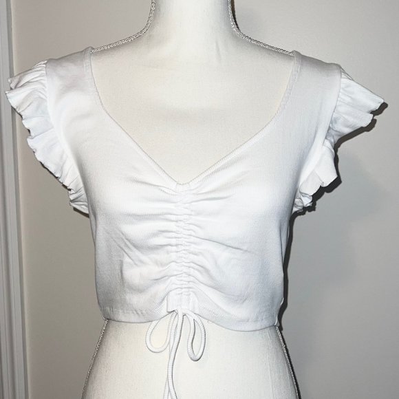 Zara Women's Crop Top White Ruched Drawstring Front Flutter Sleeve Sz L - Picture 5 of 5